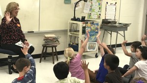 elementary library, reading in a library, book signing