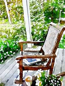 reading, newspaper, front porch, early morning, waterlogue