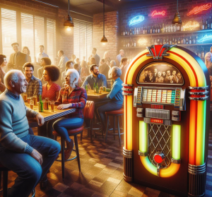 jukebox, scrabble, jukebox in a bar, Bing Copilot Design