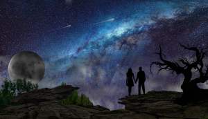 shooting star, romance, magical realism, https://pixabay.com/illustrations/couple-moon-night-sky-space-stars-7142671/Placidplace